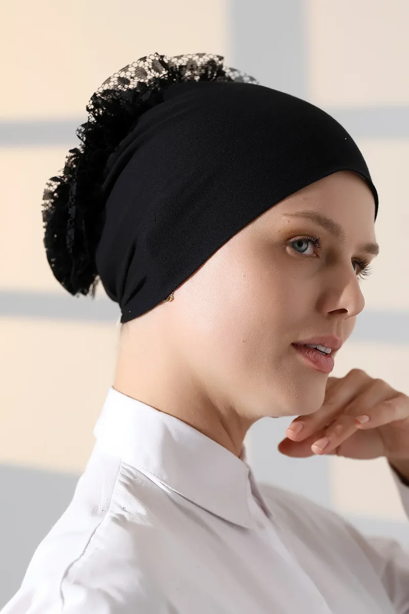 Kadın Fırfırlı Güpürlü Tesettür Topuz Bone - Siyah - 3