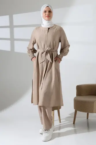 Kadın Gizli Fermuarlı Yandan Yırtmaçlı Gipeli Hac Umre Kıyafeti Tesettür İkili Takım Bej 