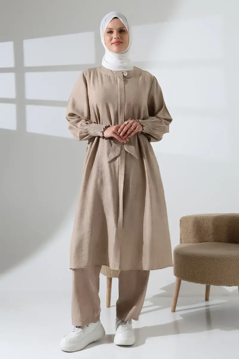 Kadın Gizli Fermuarlı Yandan Yırtmaçlı Gipeli Hac Umre Kıyafeti Tesettür İkili Takım Bej - 2