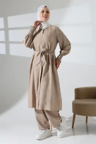 Kadın Gizli Fermuarlı Yandan Yırtmaçlı Gipeli Hac Umre Kıyafeti Tesettür İkili Takım Bej - 3