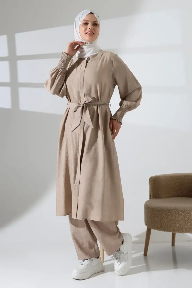 Kadın Gizli Fermuarlı Yandan Yırtmaçlı Gipeli Hac Umre Kıyafeti Tesettür İkili Takım Bej - 3
