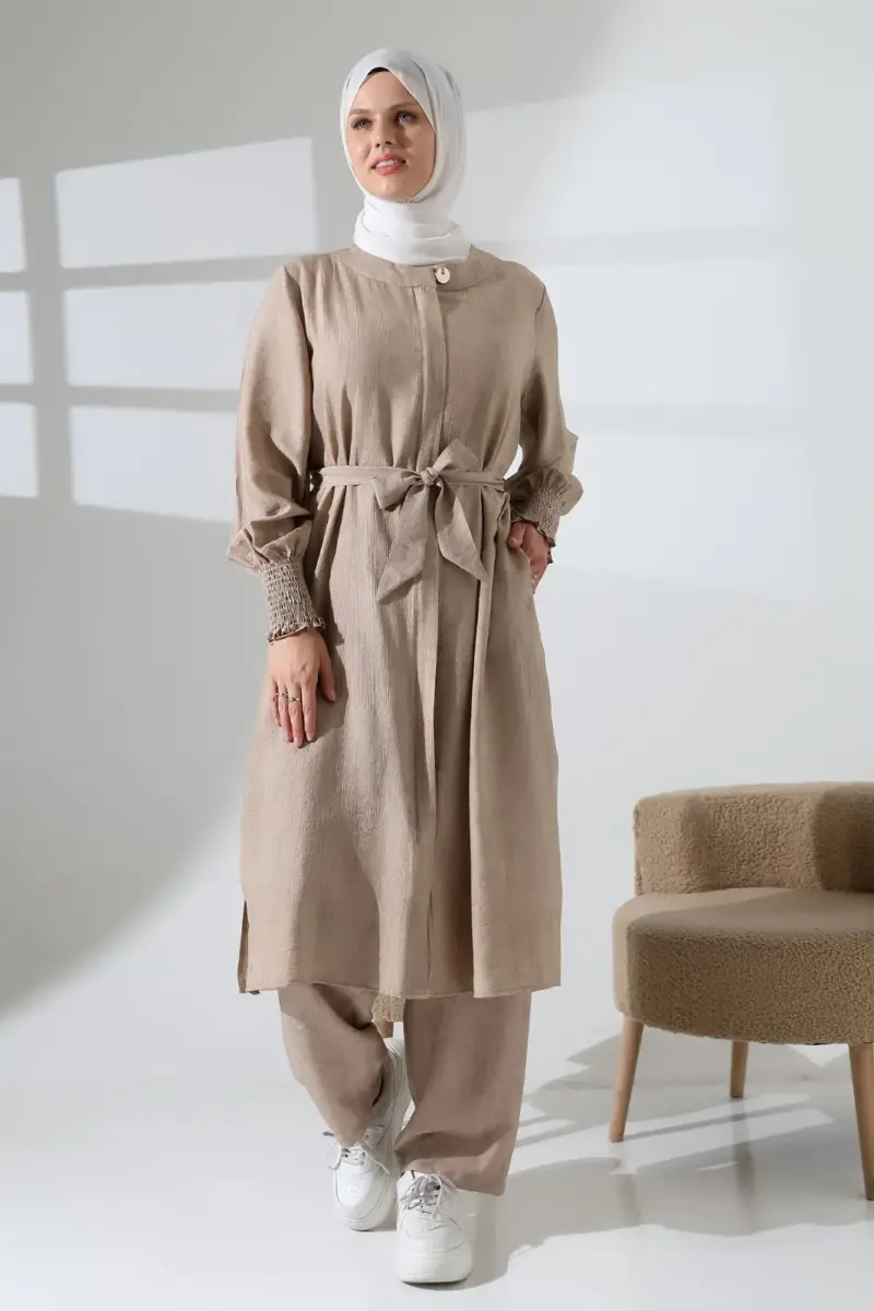 Kadın Gizli Fermuarlı Yandan Yırtmaçlı Gipeli Hac Umre Kıyafeti Tesettür İkili Takım Bej - 4