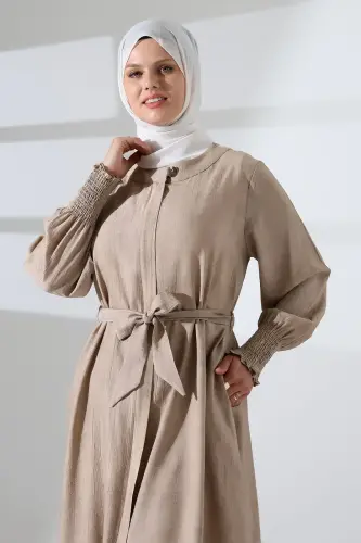 Kadın Gizli Fermuarlı Yandan Yırtmaçlı Gipeli Hac Umre Kıyafeti Tesettür İkili Takım Bej - 5