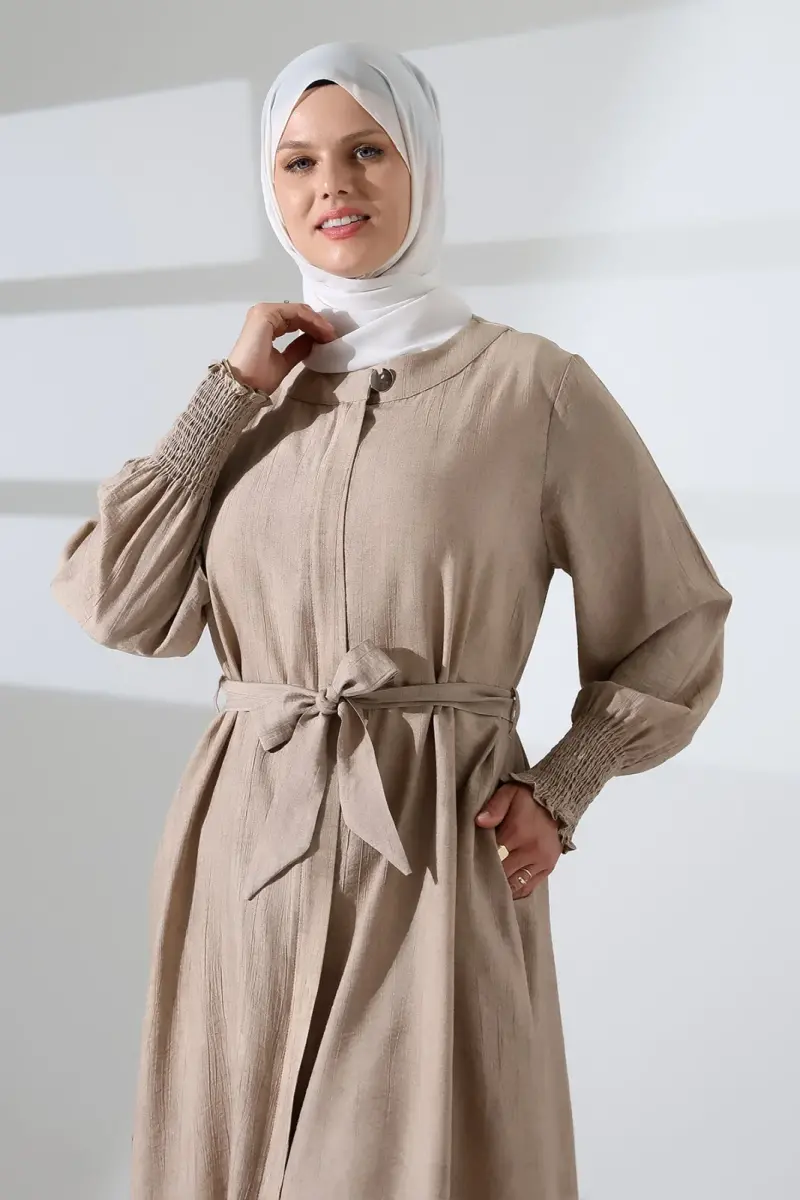 Kadın Gizli Fermuarlı Yandan Yırtmaçlı Gipeli Hac Umre Kıyafeti Tesettür İkili Takım Bej - 5