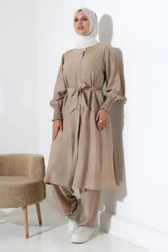 Kadın Gizli Fermuarlı Yandan Yırtmaçlı Gipeli Hac Umre Kıyafeti Tesettür İkili Takım Bej - 6