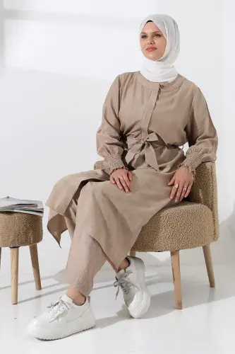 Kadın Gizli Fermuarlı Yandan Yırtmaçlı Gipeli Hac Umre Kıyafeti Tesettür İkili Takım Bej - 7
