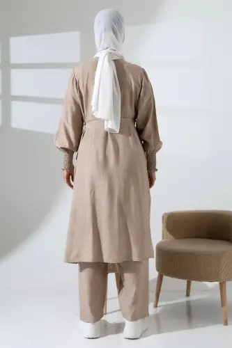 Kadın Gizli Fermuarlı Yandan Yırtmaçlı Gipeli Hac Umre Kıyafeti Tesettür İkili Takım Bej - 8