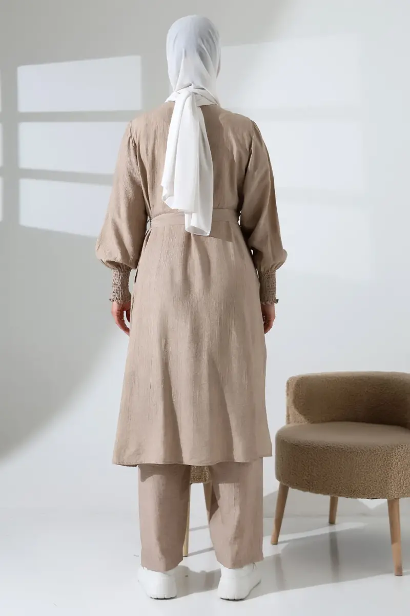 Kadın Gizli Fermuarlı Yandan Yırtmaçlı Gipeli Hac Umre Kıyafeti Tesettür İkili Takım Bej - 8