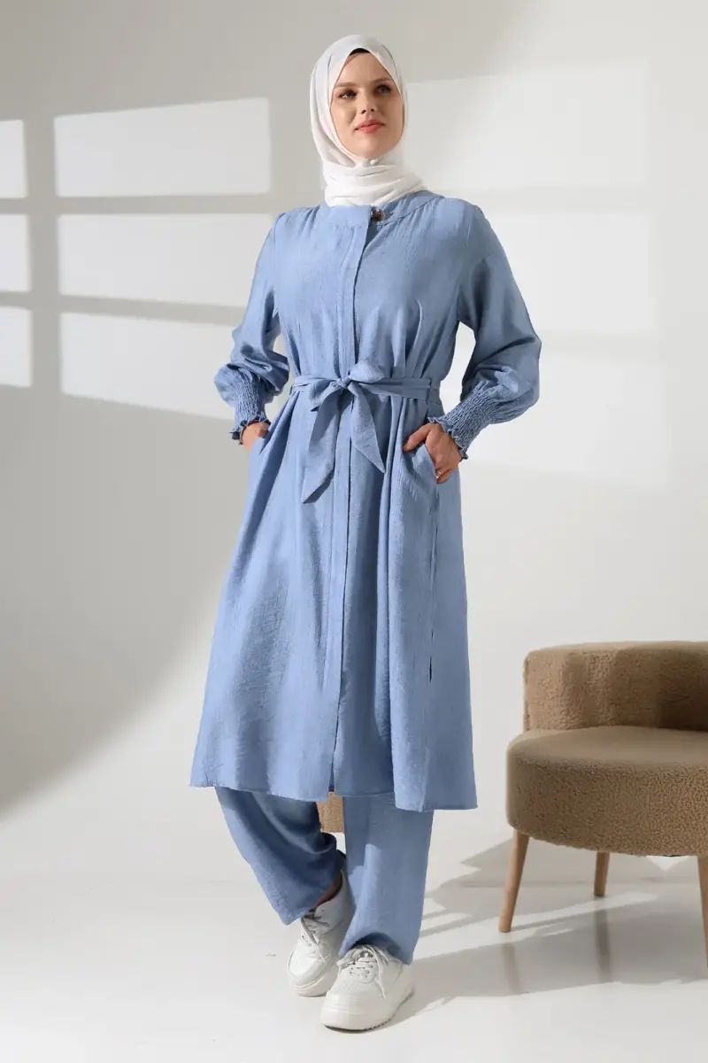 Kadın Gizli Fermuarlı Yandan Yırtmaçlı Gipeli Hac Umre Kıyafeti Tesettür İkili Takım Mavi - 1