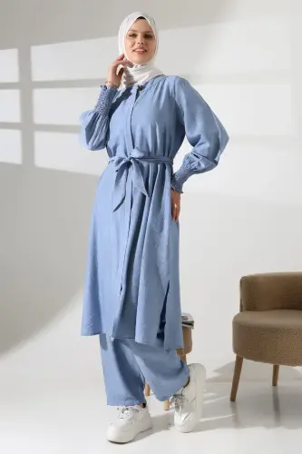 Kadın Gizli Fermuarlı Yandan Yırtmaçlı Gipeli Hac Umre Kıyafeti Tesettür İkili Takım Mavi - ihvanonline (1)