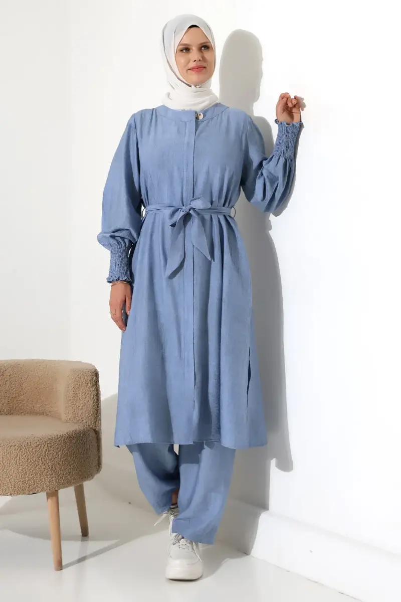 Kadın Gizli Fermuarlı Yandan Yırtmaçlı Gipeli Hac Umre Kıyafeti Tesettür İkili Takım Mavi - 3