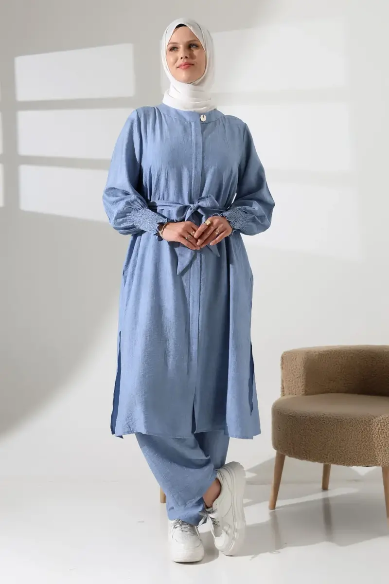 Kadın Gizli Fermuarlı Yandan Yırtmaçlı Gipeli Hac Umre Kıyafeti Tesettür İkili Takım Mavi - 4