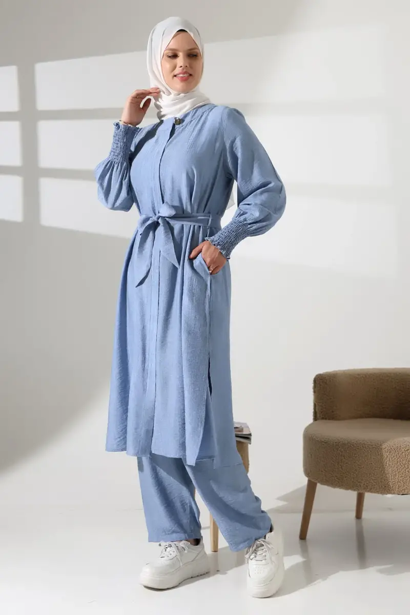 Kadın Gizli Fermuarlı Yandan Yırtmaçlı Gipeli Hac Umre Kıyafeti Tesettür İkili Takım Mavi - 5
