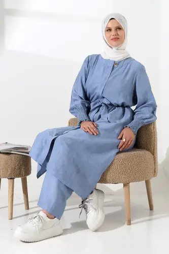 Kadın Gizli Fermuarlı Yandan Yırtmaçlı Gipeli Hac Umre Kıyafeti Tesettür İkili Takım Mavi - 6