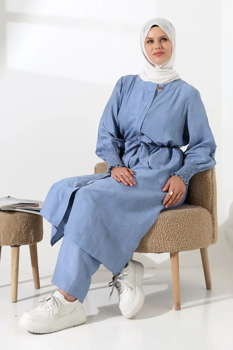 Kadın Gizli Fermuarlı Yandan Yırtmaçlı Gipeli Hac Umre Kıyafeti Tesettür İkili Takım Mavi - 6