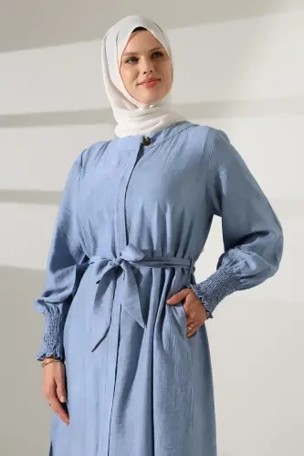 Kadın Gizli Fermuarlı Yandan Yırtmaçlı Gipeli Hac Umre Kıyafeti Tesettür İkili Takım Mavi - 7