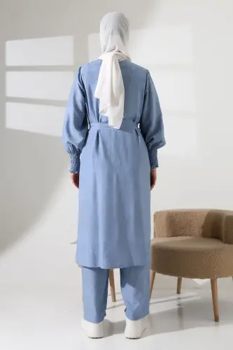 Kadın Gizli Fermuarlı Yandan Yırtmaçlı Gipeli Hac Umre Kıyafeti Tesettür İkili Takım Mavi - 8