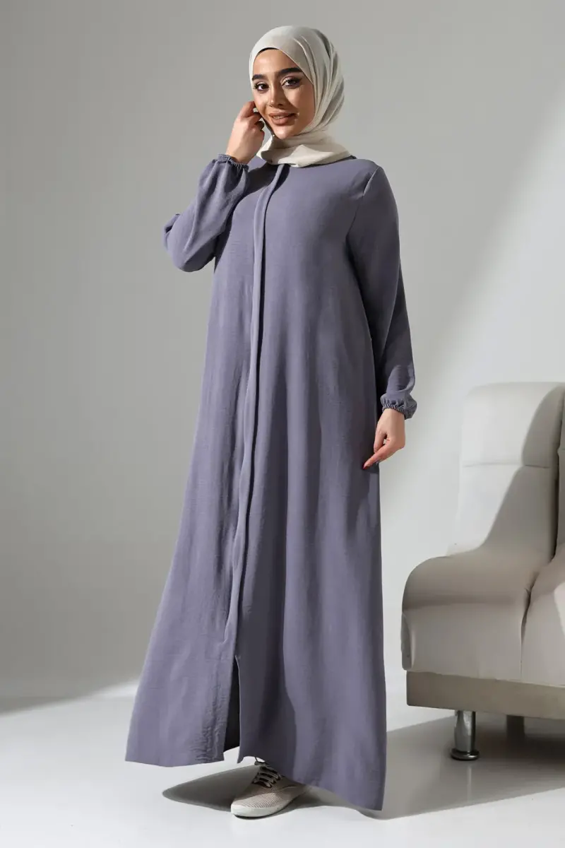 Kadın Gri Aerobin Gizli Fermuarlı Hac Umre Kıyafeti Tesettür Ferace - 1