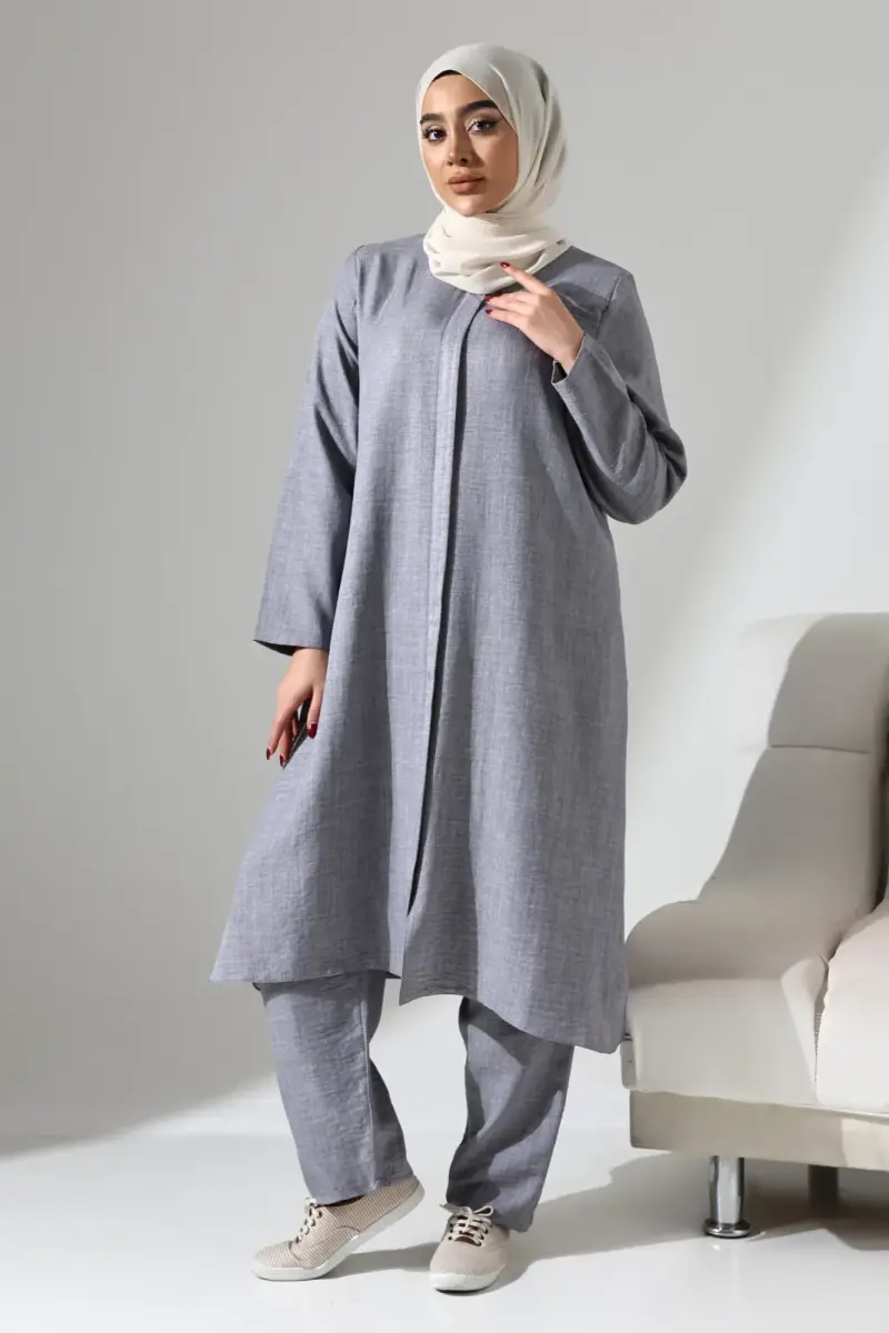 Kadın Gri Melanj Keten Görünümlü Gizli Fermuarlı Hac Umre Kıyafeti Tesettür İkili Takım - 1