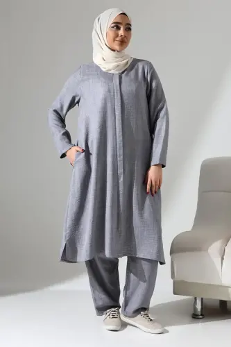 Kadın Gri Melanj Keten Görünümlü Gizli Fermuarlı Hac Umre Kıyafeti Tesettür İkili Takım - ihvanonline (1)