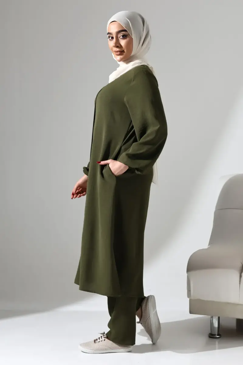 Kadın Hac ve Umre Kıyafeti Afgan İkili Takım Haki - 3