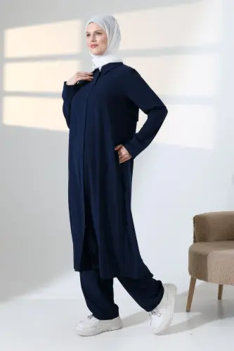 Kadın Hac ve Umre Kıyafeti, Tesettür Cepken Detaylı İkili Takım - Lacivert 