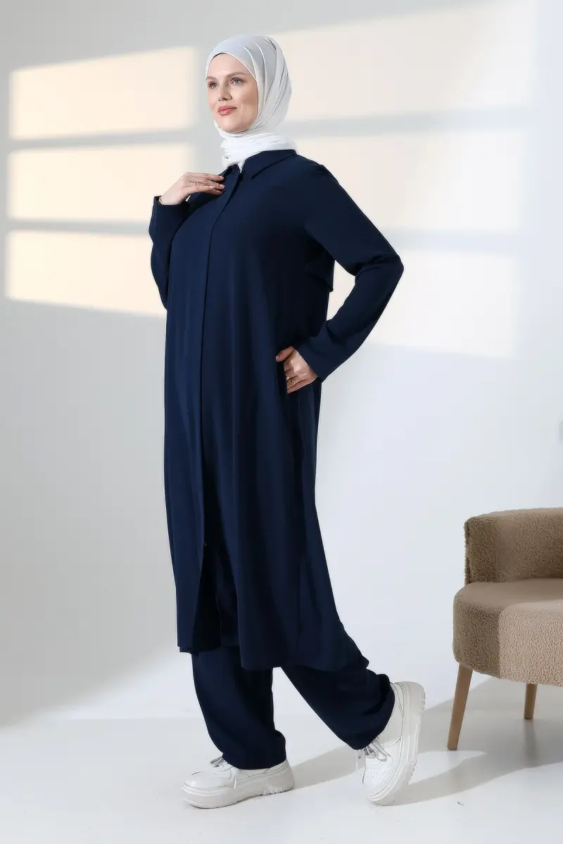 Kadın Hac ve Umre Kıyafeti, Tesettür Cepken Detaylı İkili Takım - Lacivert - 1