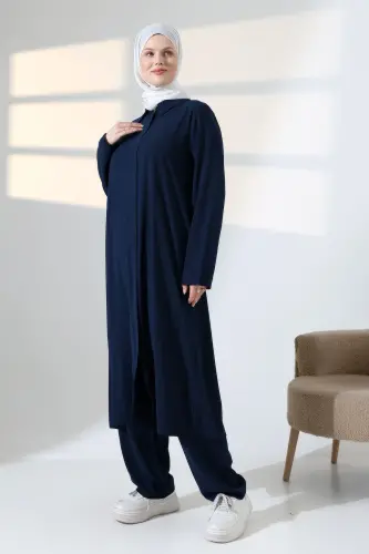 Kadın Hac ve Umre Kıyafeti, Tesettür Cepken Detaylı İkili Takım - Lacivert - 5