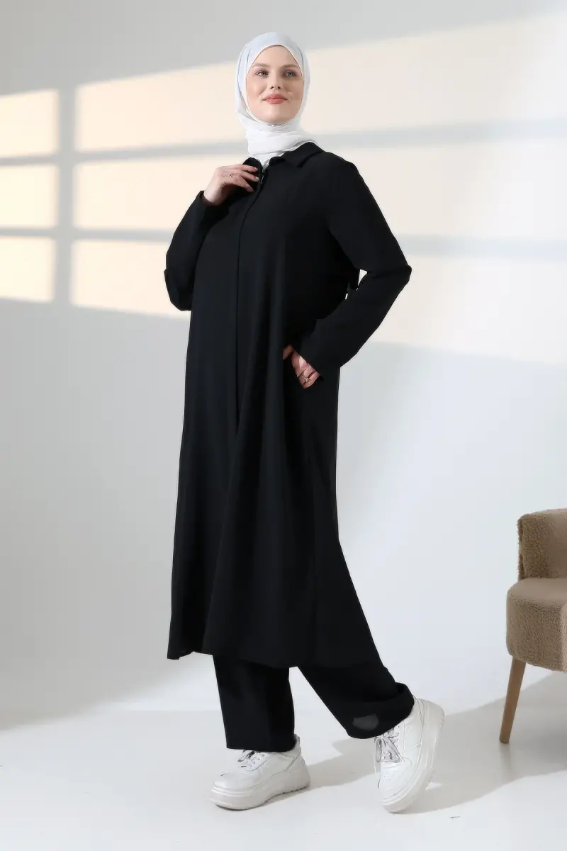 Kadın Hac ve Umre Kıyafeti, Tesettür Cepken Detaylı İkili Takım - Siyah - 1