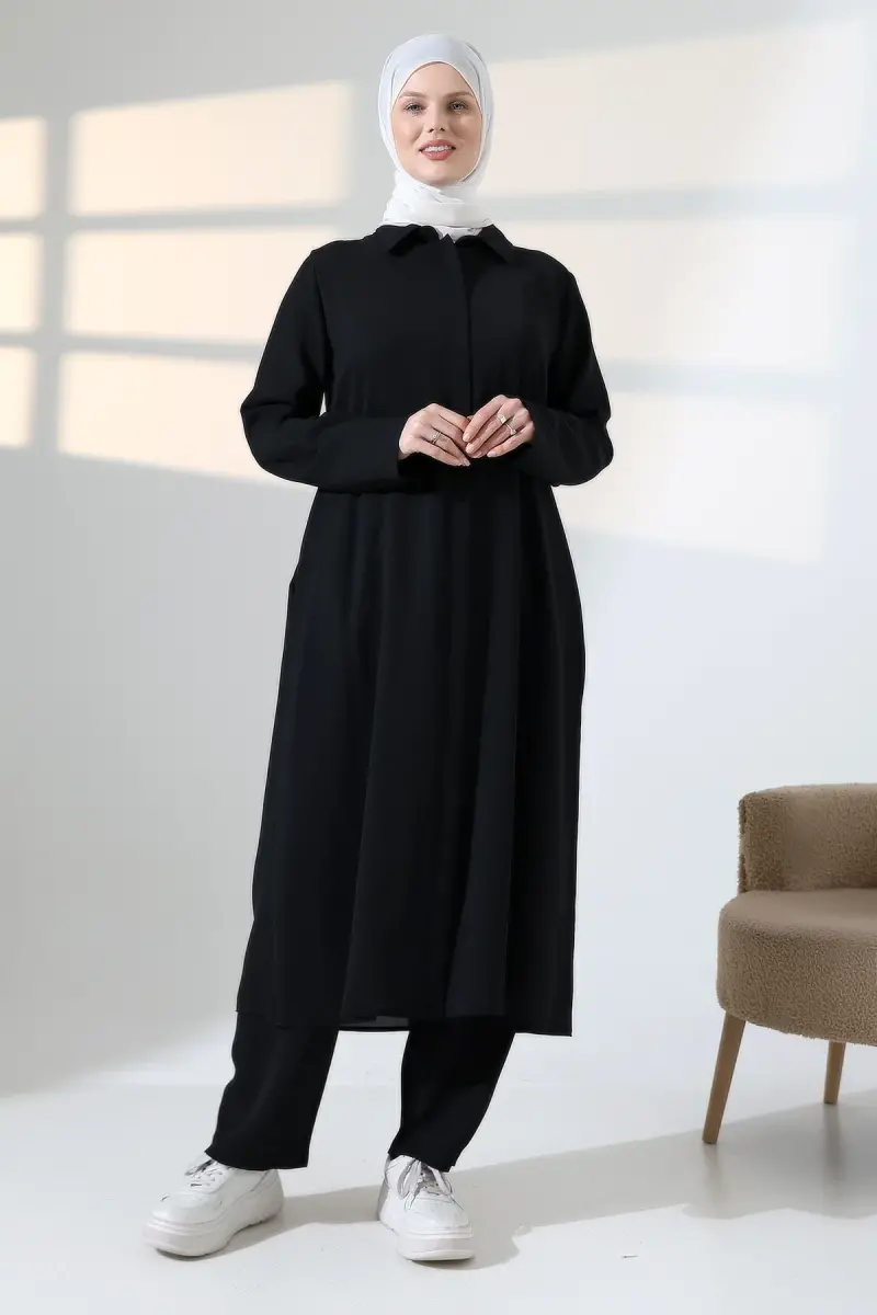 Kadın Hac ve Umre Kıyafeti, Tesettür Cepken Detaylı İkili Takım - Siyah - 2