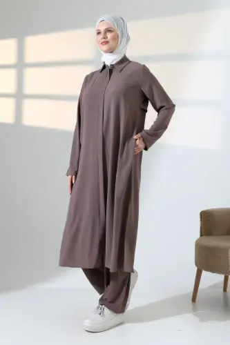 Kadın Hac ve Umre Kıyafeti, Tesettür Cepken Detaylı İkili Takım - Sütlü Kahve - 1