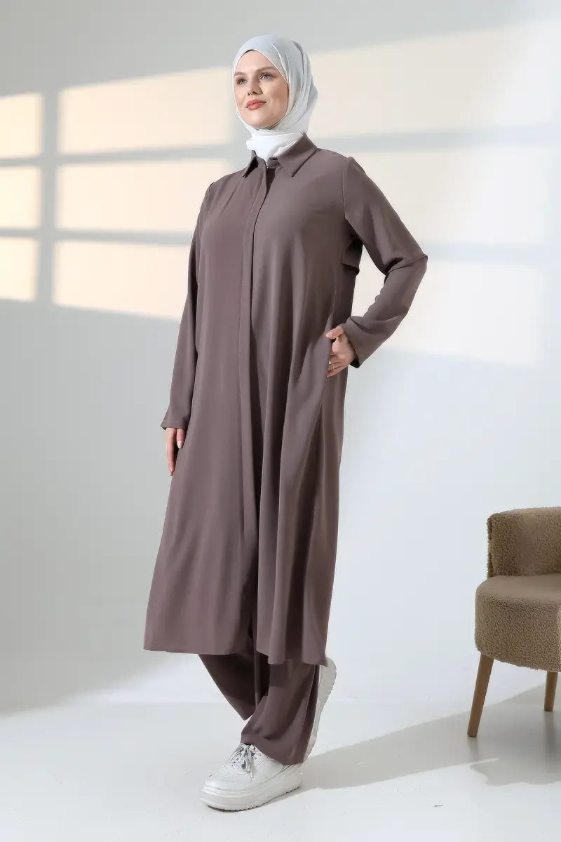 Kadın Hac ve Umre Kıyafeti, Tesettür Cepken Detaylı İkili Takım - Sütlü Kahve - 1