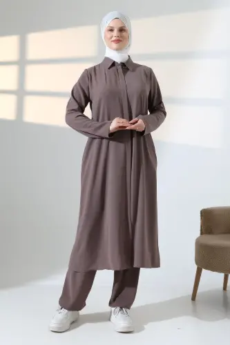 Kadın Hac ve Umre Kıyafeti, Tesettür Cepken Detaylı İkili Takım - Sütlü Kahve - ihvanonline (1)