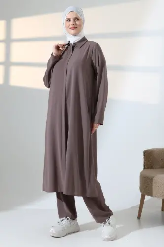 Kadın Hac ve Umre Kıyafeti, Tesettür Cepken Detaylı İkili Takım - Sütlü Kahve - 3