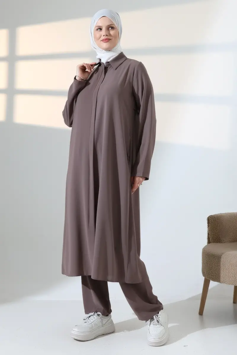 Kadın Hac ve Umre Kıyafeti, Tesettür Cepken Detaylı İkili Takım - Sütlü Kahve - 3