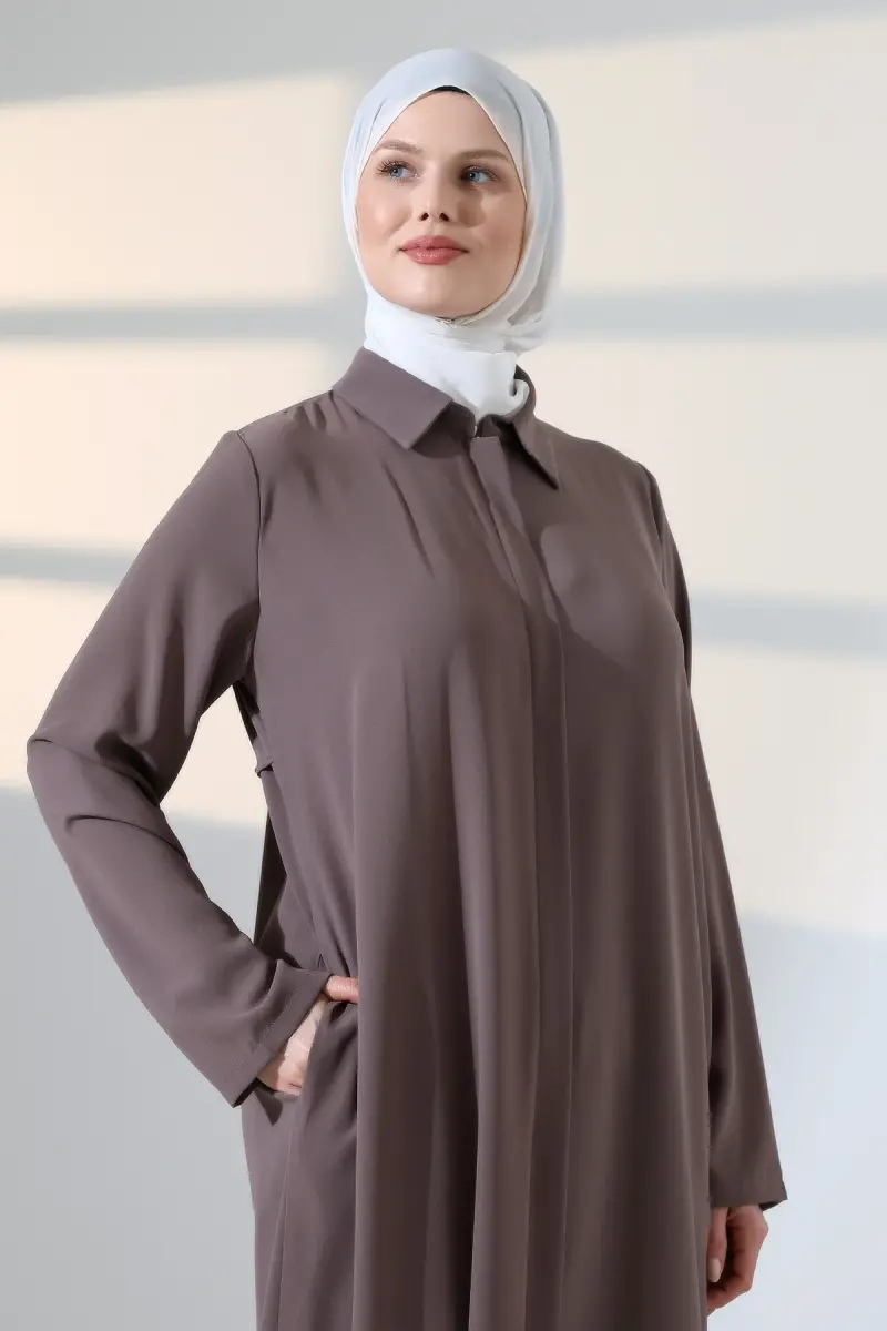 Kadın Hac ve Umre Kıyafeti, Tesettür Cepken Detaylı İkili Takım - Sütlü Kahve - 4