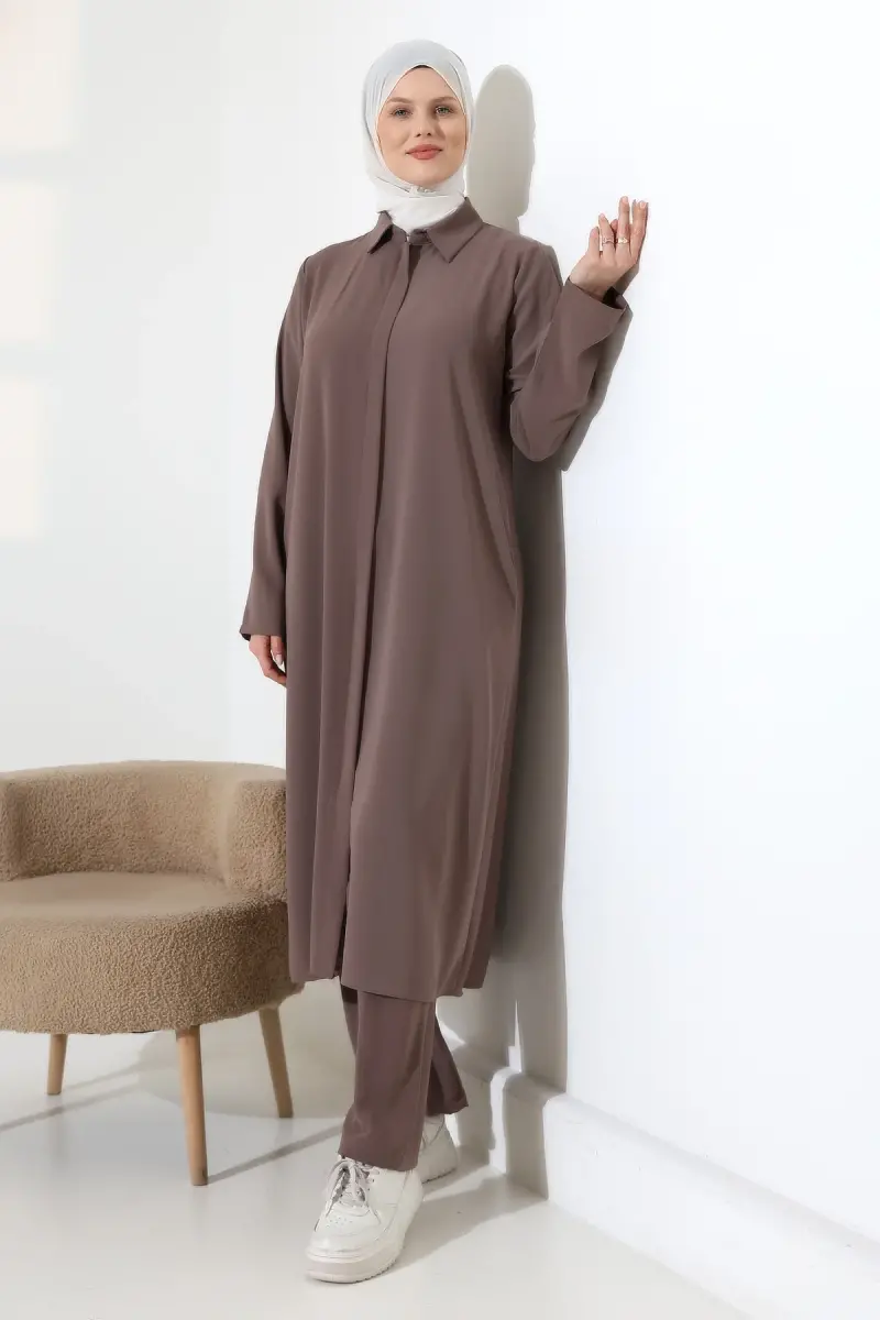 Kadın Hac ve Umre Kıyafeti, Tesettür Cepken Detaylı İkili Takım - Sütlü Kahve - 5