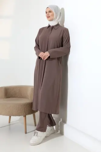 Kadın Hac ve Umre Kıyafeti, Tesettür Cepken Detaylı İkili Takım - Sütlü Kahve - 6
