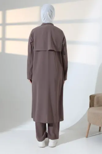 Kadın Hac ve Umre Kıyafeti, Tesettür Cepken Detaylı İkili Takım - Sütlü Kahve - 7