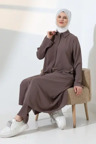 Kadın Hac ve Umre Kıyafeti, Tesettür Cepken Detaylı İkili Takım - Sütlü Kahve - 8