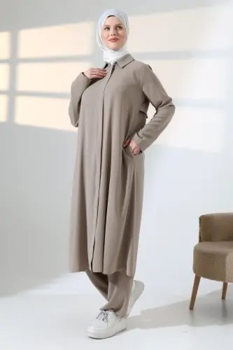 Kadın Hac ve Umre Kıyafeti, Tesettür Cepken Detaylı İkili Takım - Vizon 