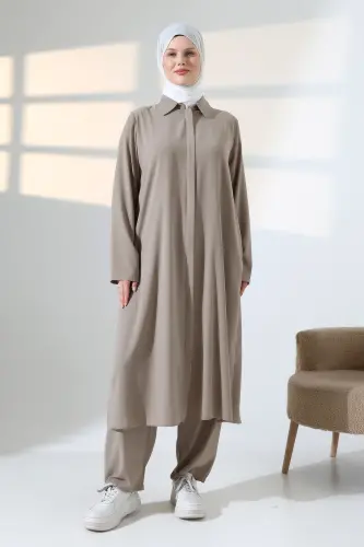 Kadın Hac ve Umre Kıyafeti, Tesettür Cepken Detaylı İkili Takım - Vizon - ihvanonline (1)