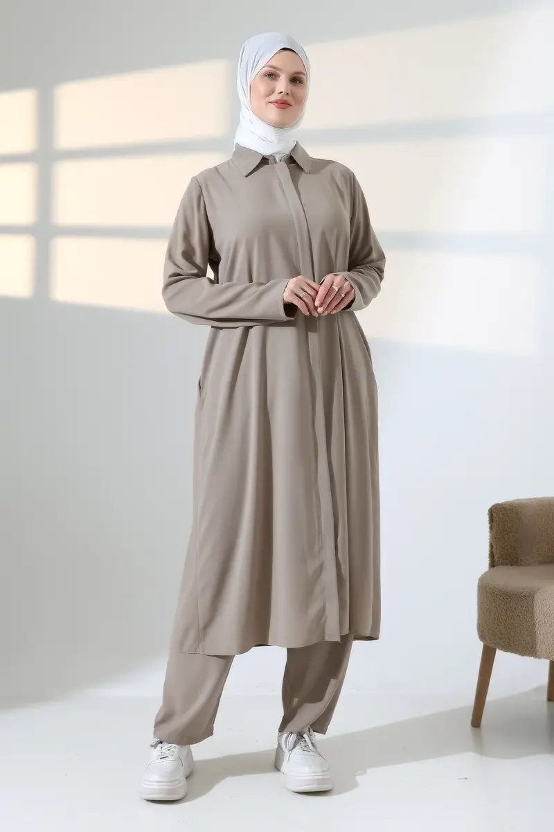 Kadın Hac ve Umre Kıyafeti, Tesettür Cepken Detaylı İkili Takım - Vizon - 3