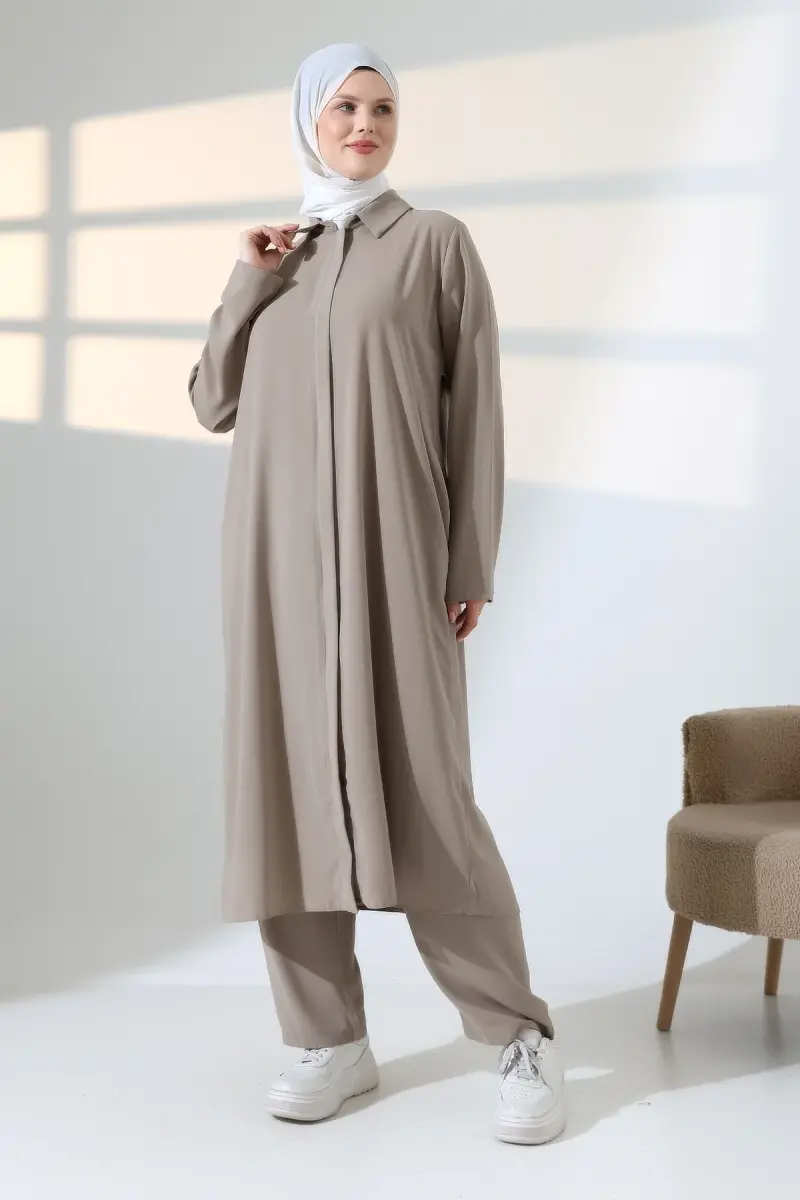 Kadın Hac ve Umre Kıyafeti, Tesettür Cepken Detaylı İkili Takım - Vizon - 4