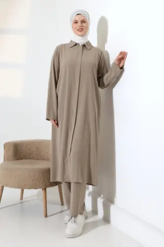 Kadın Hac ve Umre Kıyafeti, Tesettür Cepken Detaylı İkili Takım - Vizon - 6