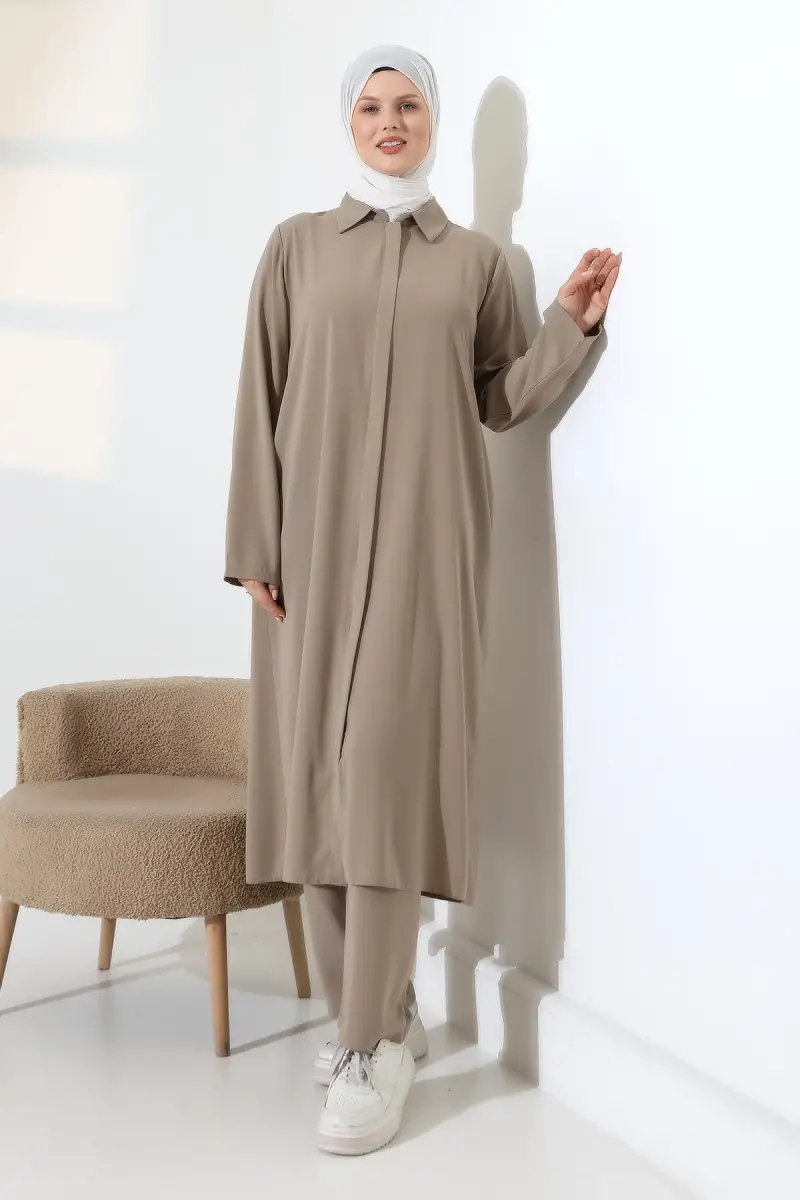 Kadın Hac ve Umre Kıyafeti, Tesettür Cepken Detaylı İkili Takım - Vizon - 6