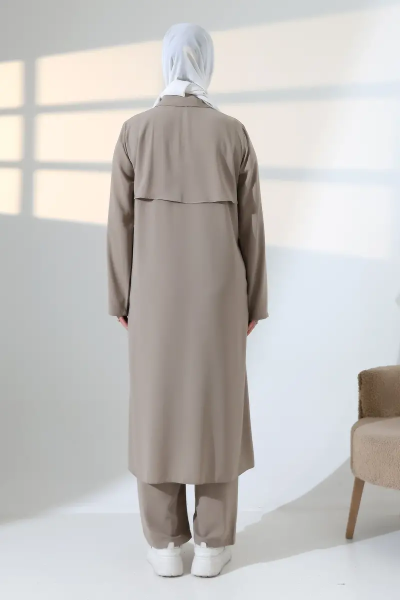 Kadın Hac ve Umre Kıyafeti, Tesettür Cepken Detaylı İkili Takım - Vizon - 7