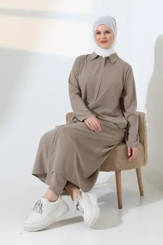 Kadın Hac ve Umre Kıyafeti, Tesettür Cepken Detaylı İkili Takım - Vizon - 8