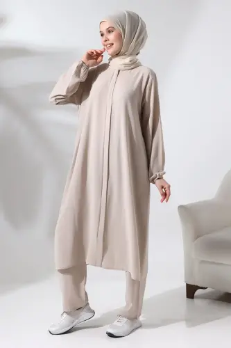 Kadın Hac ve Umre Kıyafeti Tesettür İkili Takım Krem - 5
