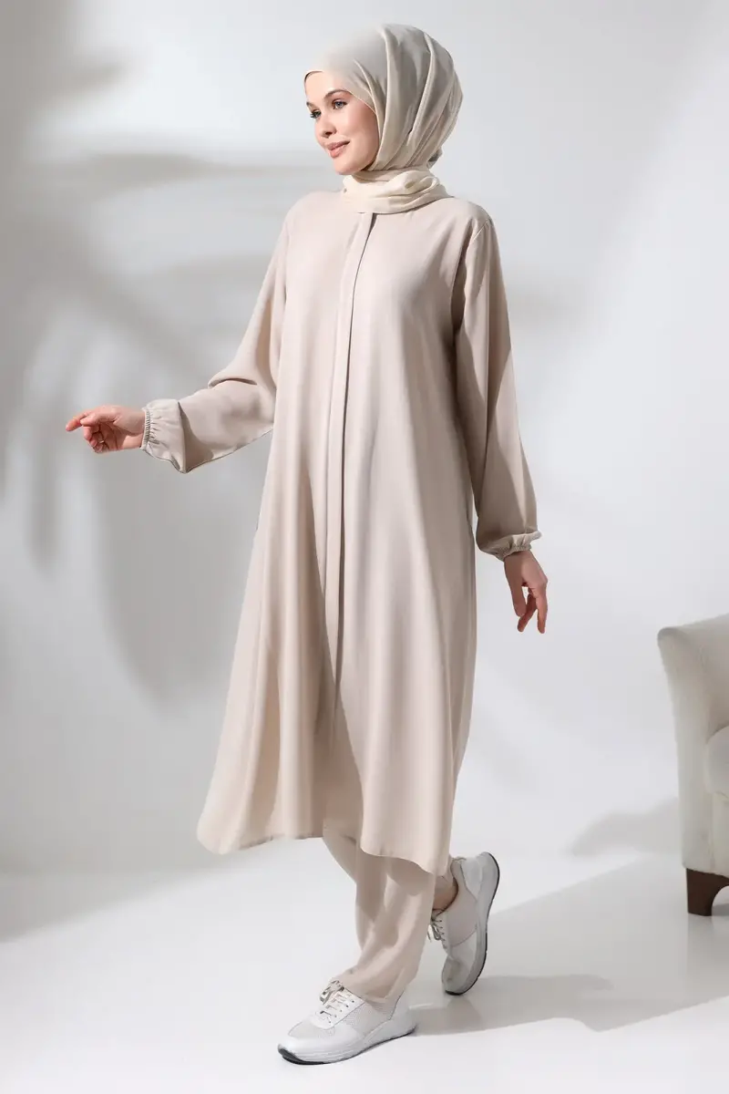Kadın Hac ve Umre Kıyafeti Tesettür İkili Takım Krem - 1